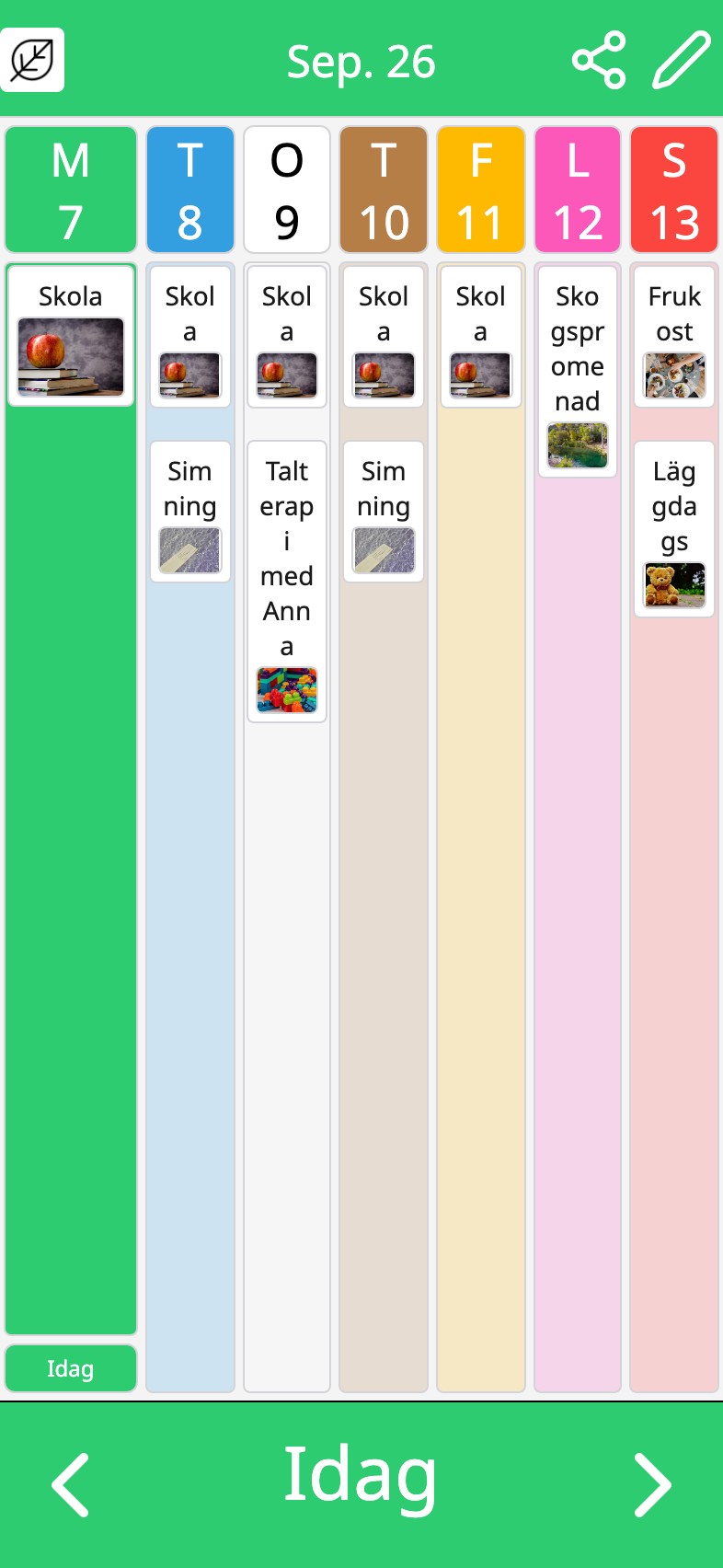 En vecka i Moi Kalender där skola, simning och logopedi kommer tillbaka på sina dagar