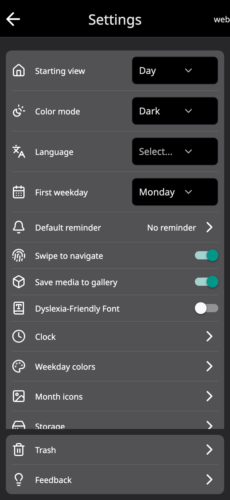Settings in Moi Calendar in dark mode