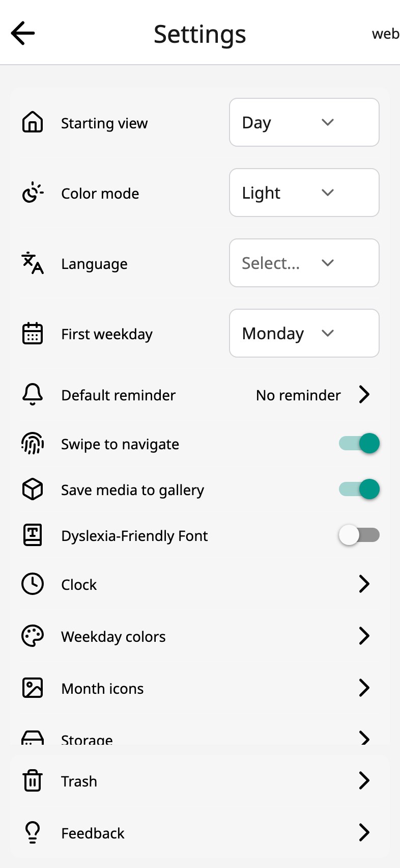 Settings in Moi Calendar: starting view, colour mode, language, first weekday, default reminder and the rest in one list