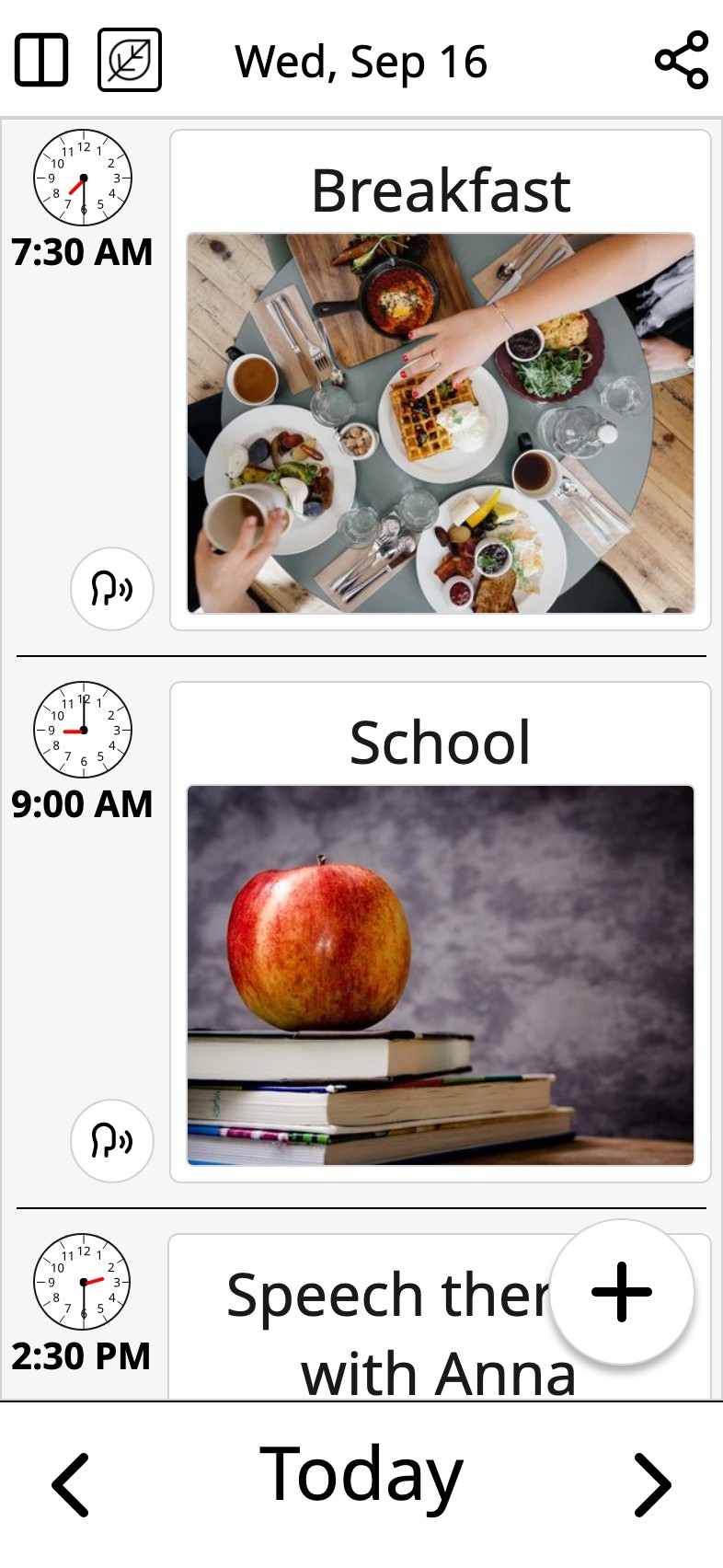The day view in Moi Calendar: the day's activities as cards in order, each with a photo and a clock