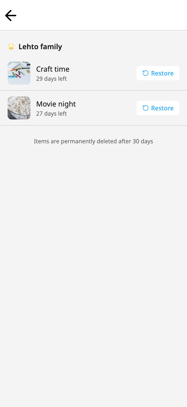 The trash in Moi Calendar: two deleted activities, each with its days left and a Restore button