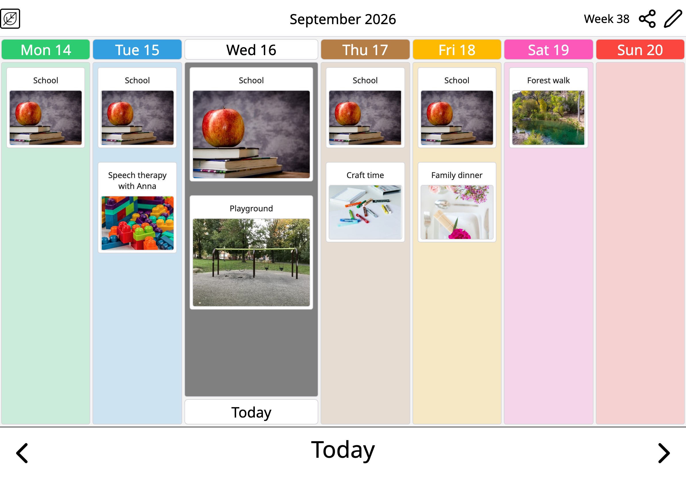 A week in Moi Calendar, each day in its own colour: green Monday, blue Tuesday, white Wednesday, brown Thursday, yellow Friday, pink Saturday, red Sunday