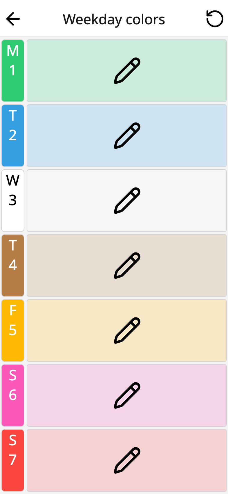 Weekday colors in Moi Calendar's settings: the seven weekdays as columns in their colours, a pencil on each